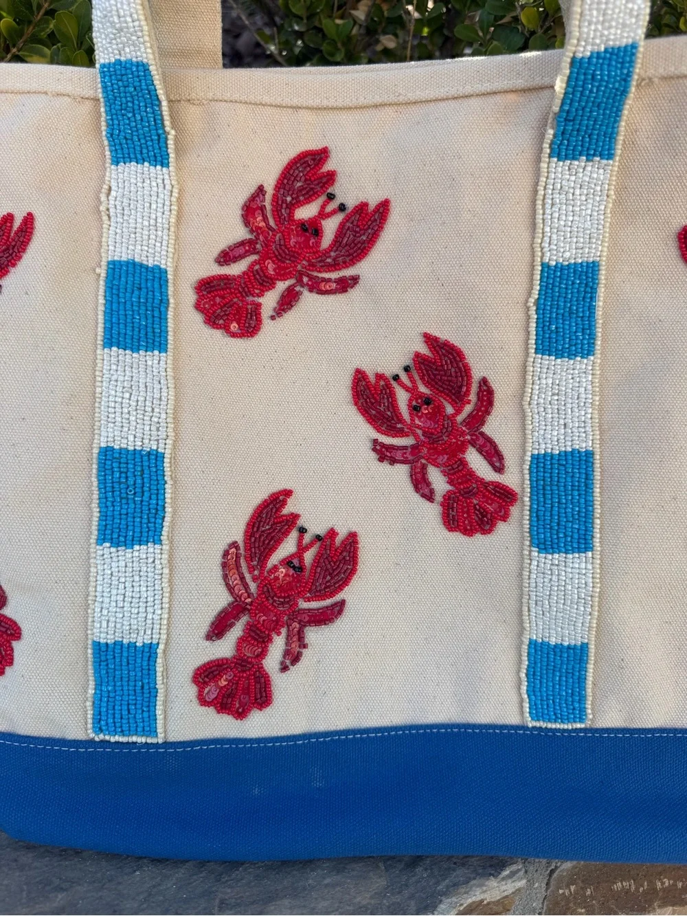NWT Viral Beaded Cream Tote with Blue and White Trim & Red Beaded Lobster